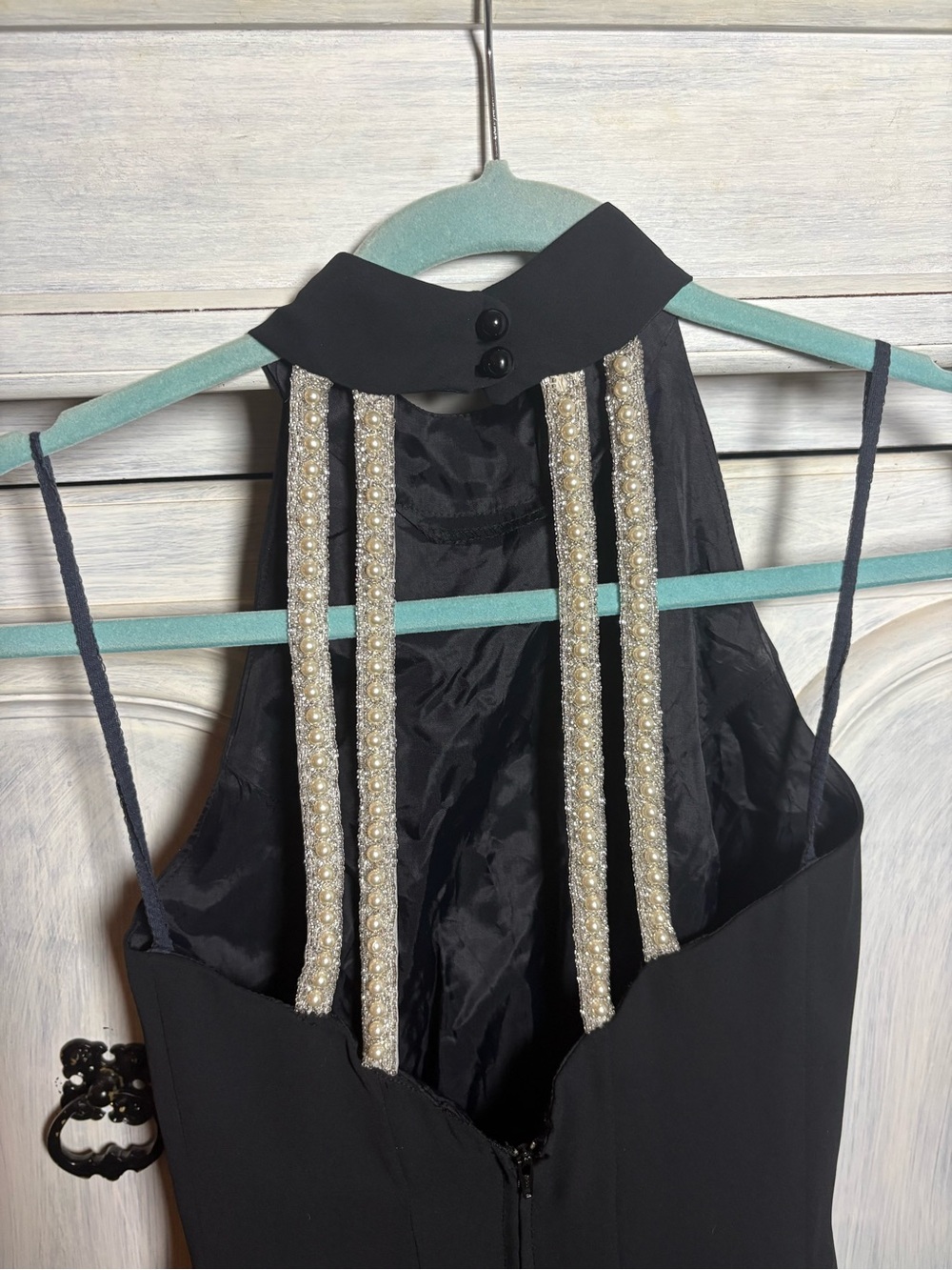 Vintage Jessica Howard Black Pearl Detail Halter Cocktail Dress Flare 90’s - Picture 7 of 9